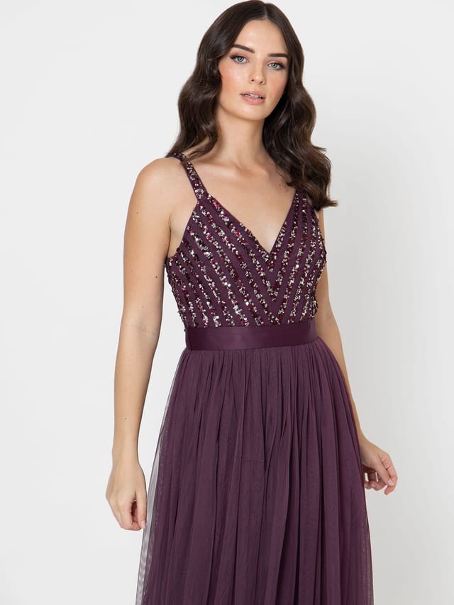 Maya Deluxe Maya Deluxe Women's Stripe Embellished Maxi Dress in Grape - 2