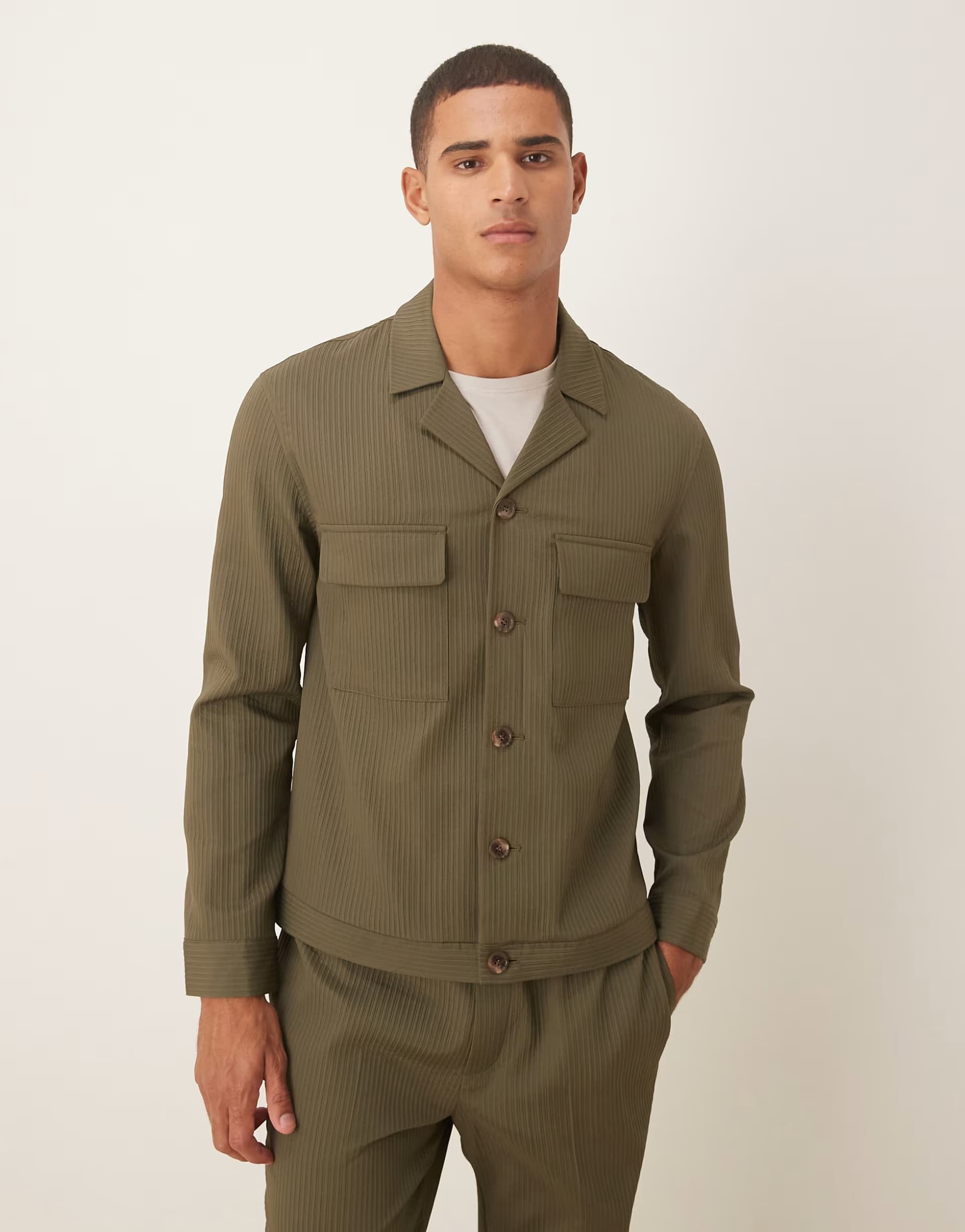 ASOS ASOS DESIGN smart co-ord shirt jacket in khaki rib