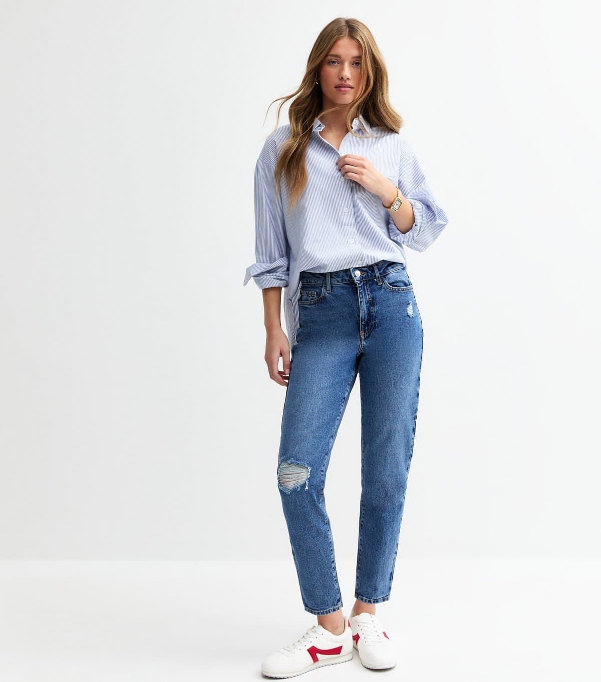 New Look Women's Blue High Waist Ripped Tori Mom Jeans New Look
