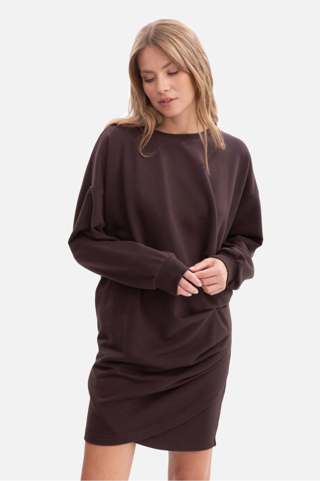 Love Lace Love Lace Women's Soft Fleece Sweatshirt Mini Dress with Cuffs in Brown