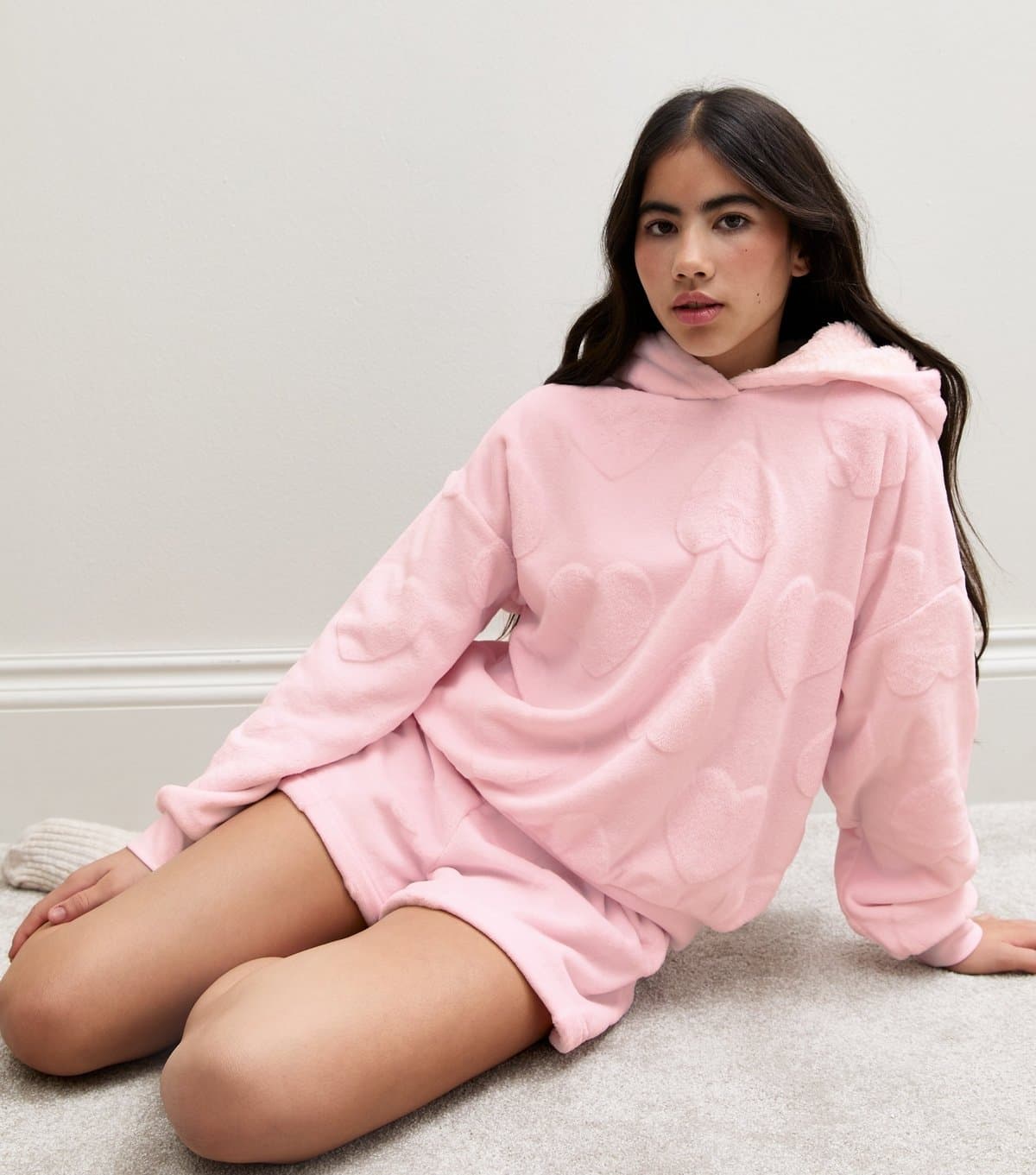 New Look Girls' Pink Heart Pattern Hoodie and Shorts Pyjama Set New Look