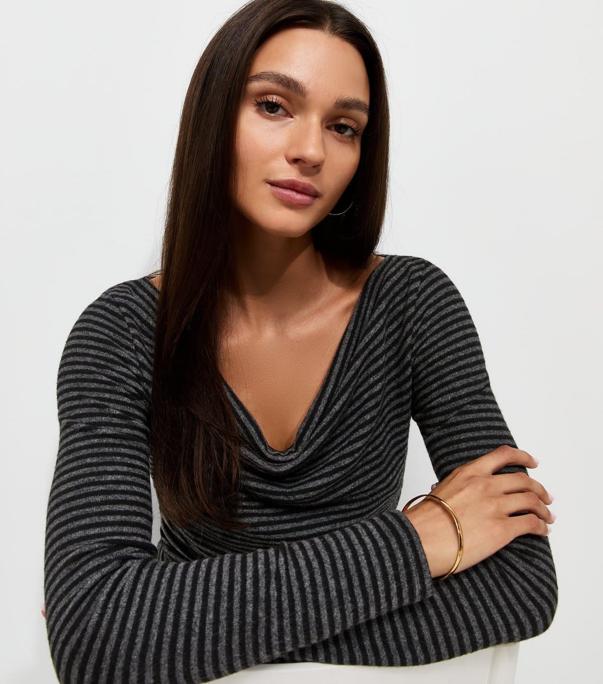 New Look Women's Grey Soft Touch Striped Cowl Neck Top New Look