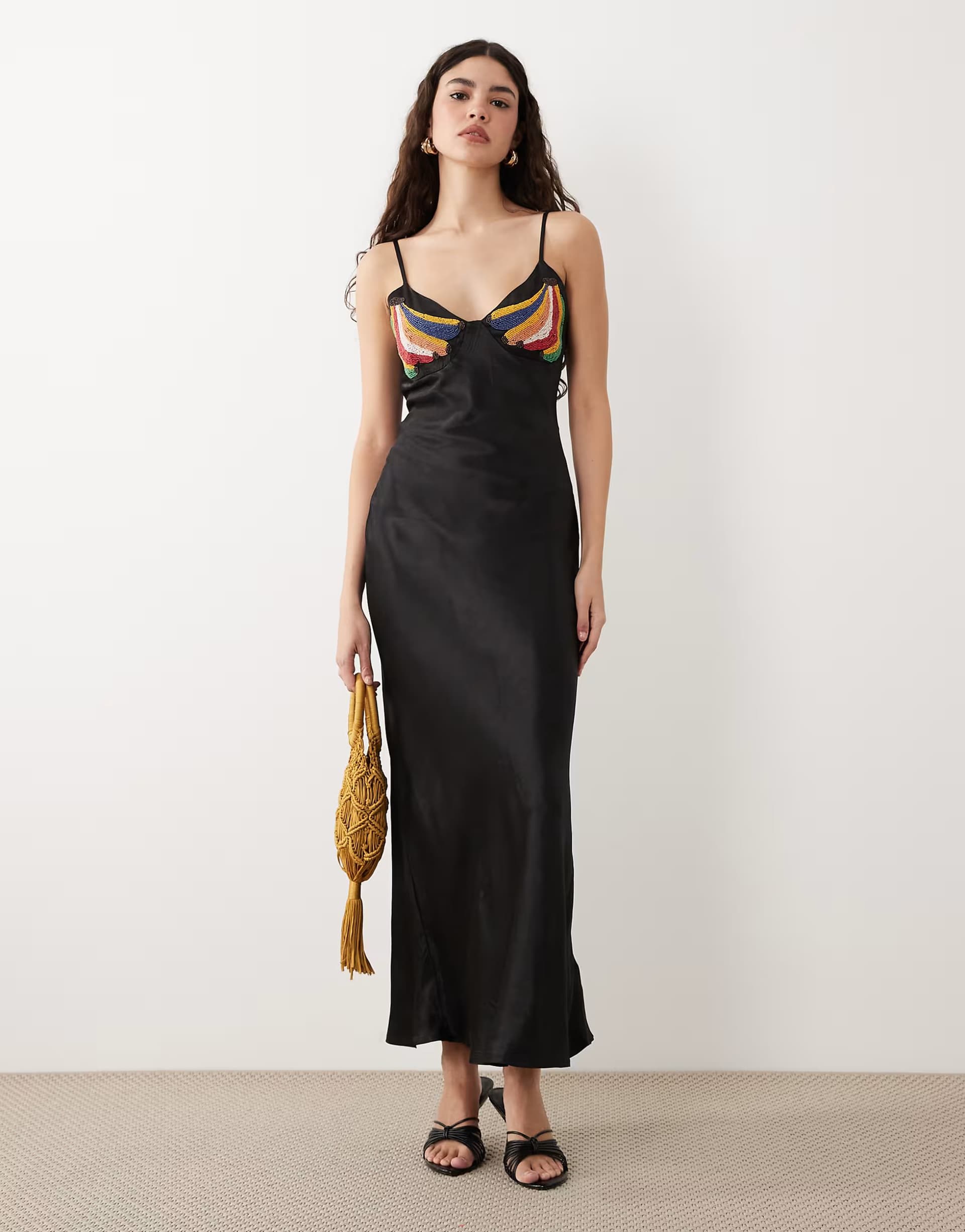 ASOS Never Fully Dressed satin embellished banana slip maxi dress in black