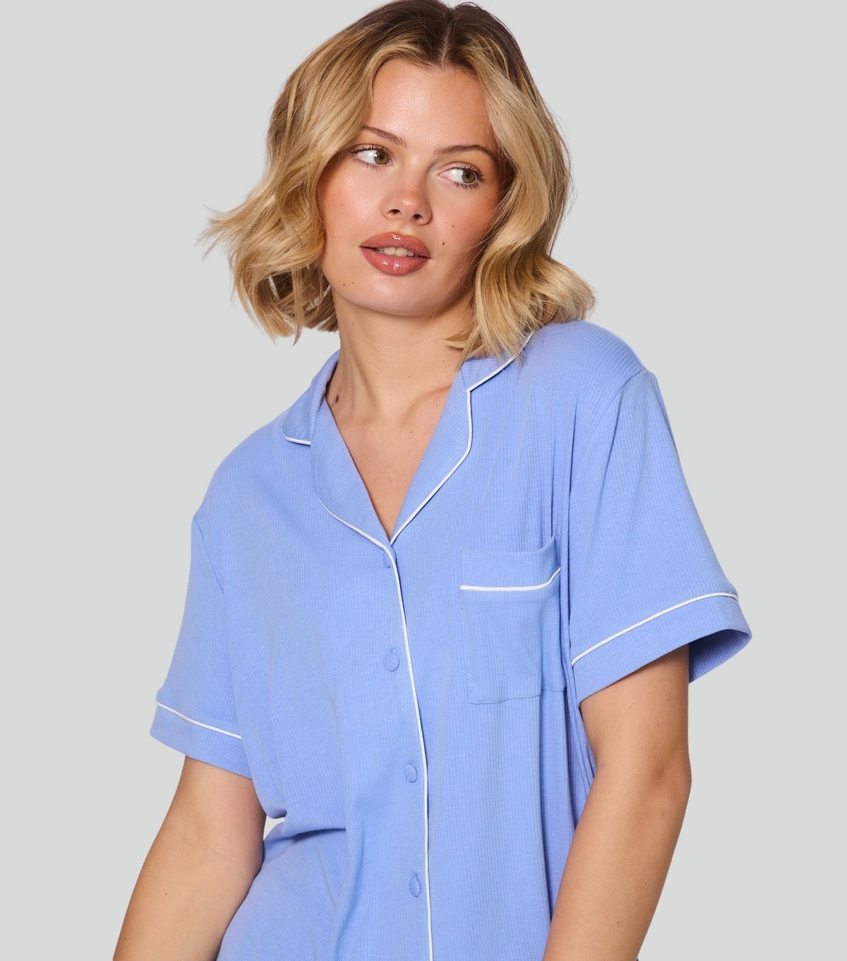 Loungeable Women's Blue Ribbed Short Sleeve Shirt and Trouser Pyjama Set Loungeable New Look - 2