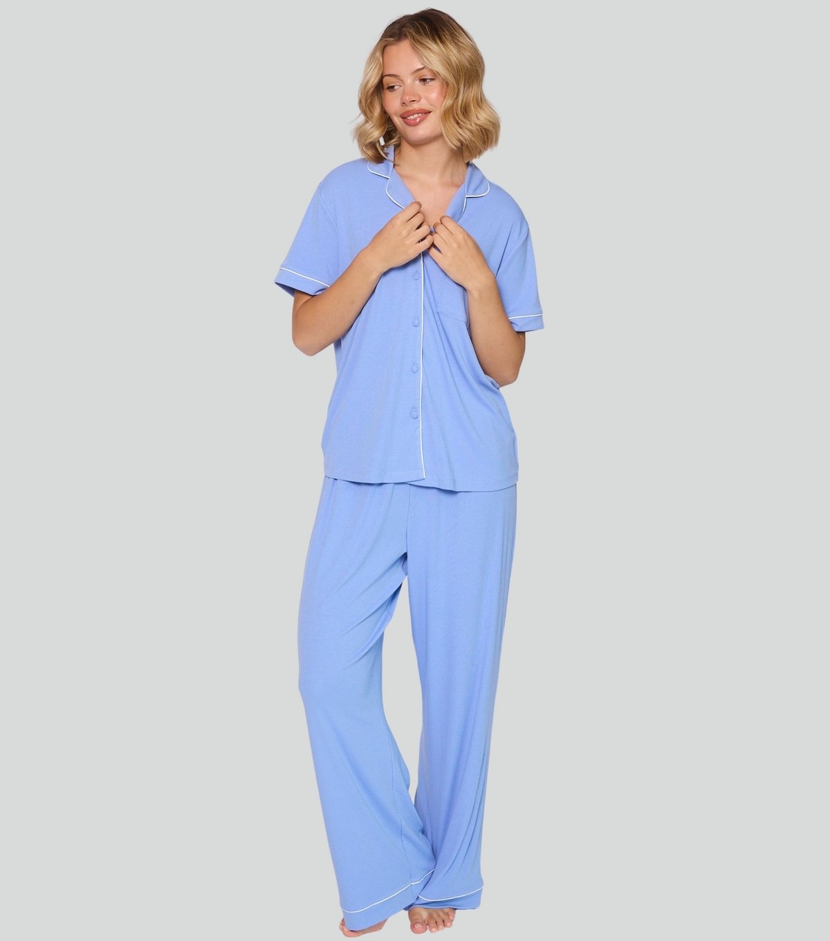 Loungeable Women's Blue Ribbed Short Sleeve Shirt and Trouser Pyjama Set Loungeable New Look - 3