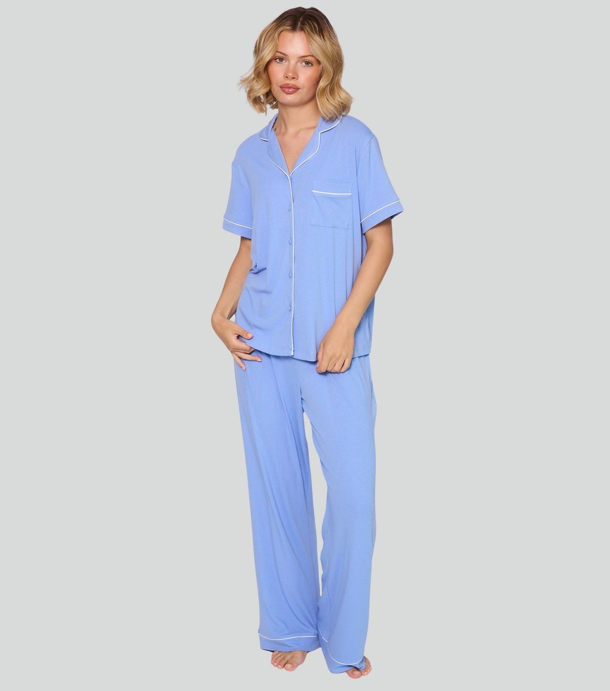 Loungeable Women's Blue Ribbed Short Sleeve Shirt and Trouser Pyjama Set Loungeable New Look - 4