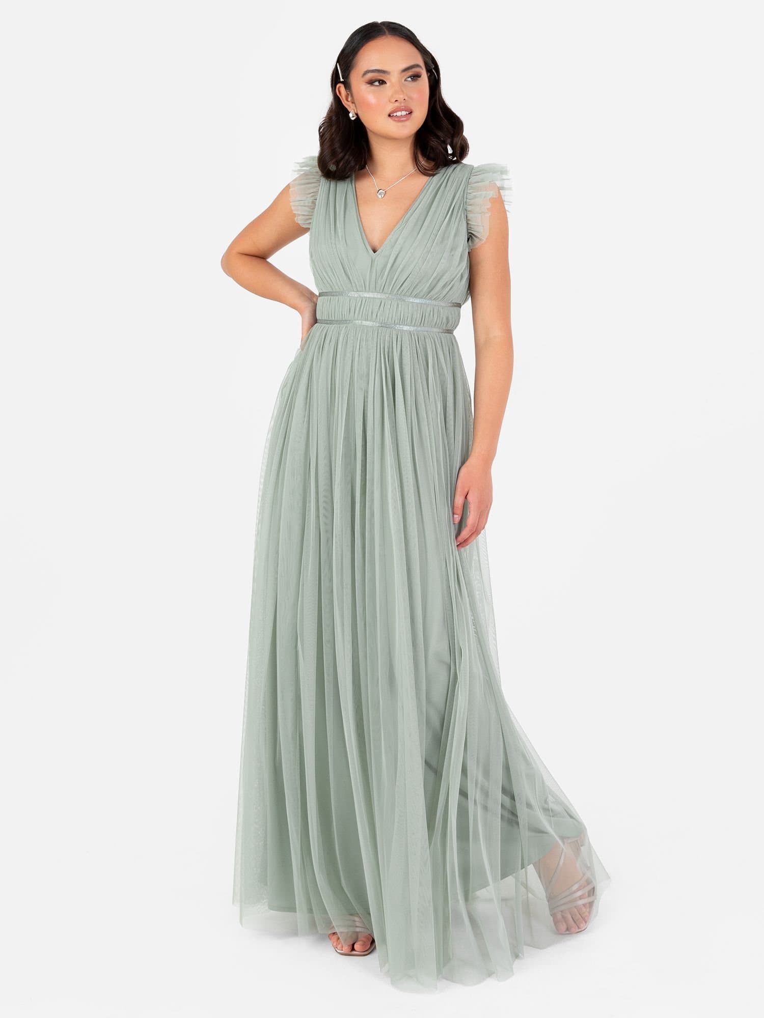 Anaya with Love Anaya with Love Women's V Neck Flutter Sleeve Maxi Dress in Green