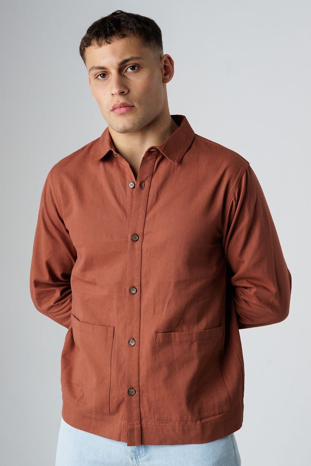 Influence Influence Men's Cotton Utilitarian-Style Long Sleeve Button Overshirt in Terracotta