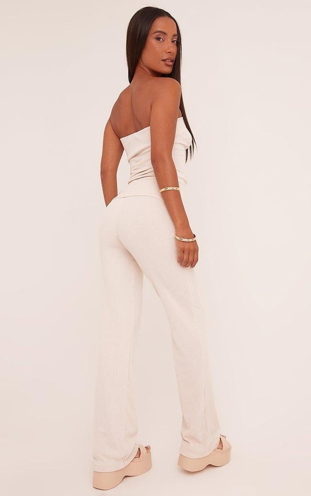 EGO Bandeau Asymmetric Top And High Waist Straight Leg Trousers Co-Ord Set In Stone Texture, Women's Size UK L - 2