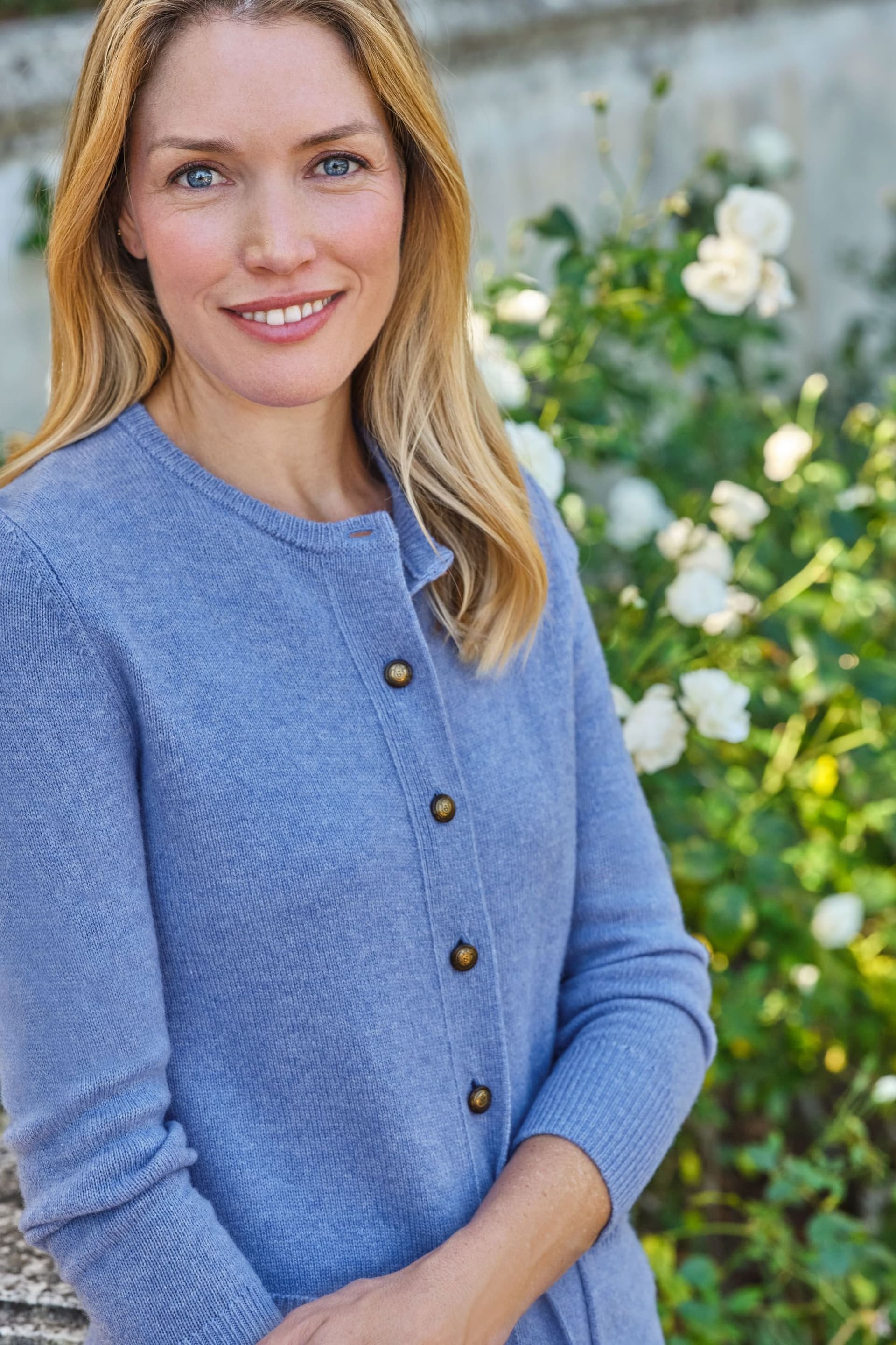 WoolOvers WoolOvers Women's Lambswool Crew Neck Cardigan In Mid Blue