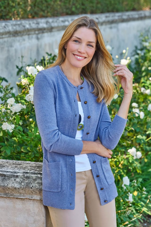 WoolOvers WoolOvers Women's Lambswool Crew Neck Cardigan in Mid Blue - 3