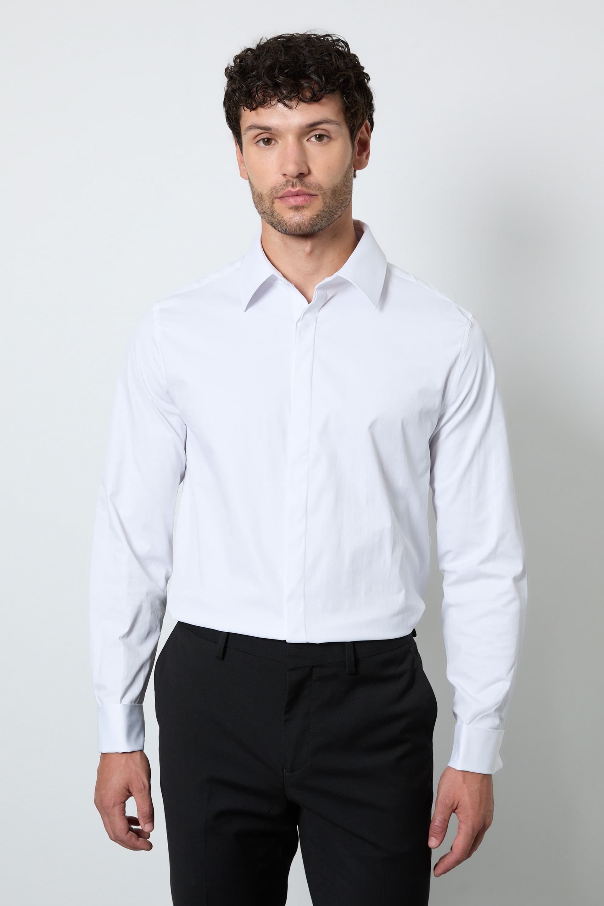 Burton Burton Men's White Concealed Placket Double Cuff Slim Fit Shirt