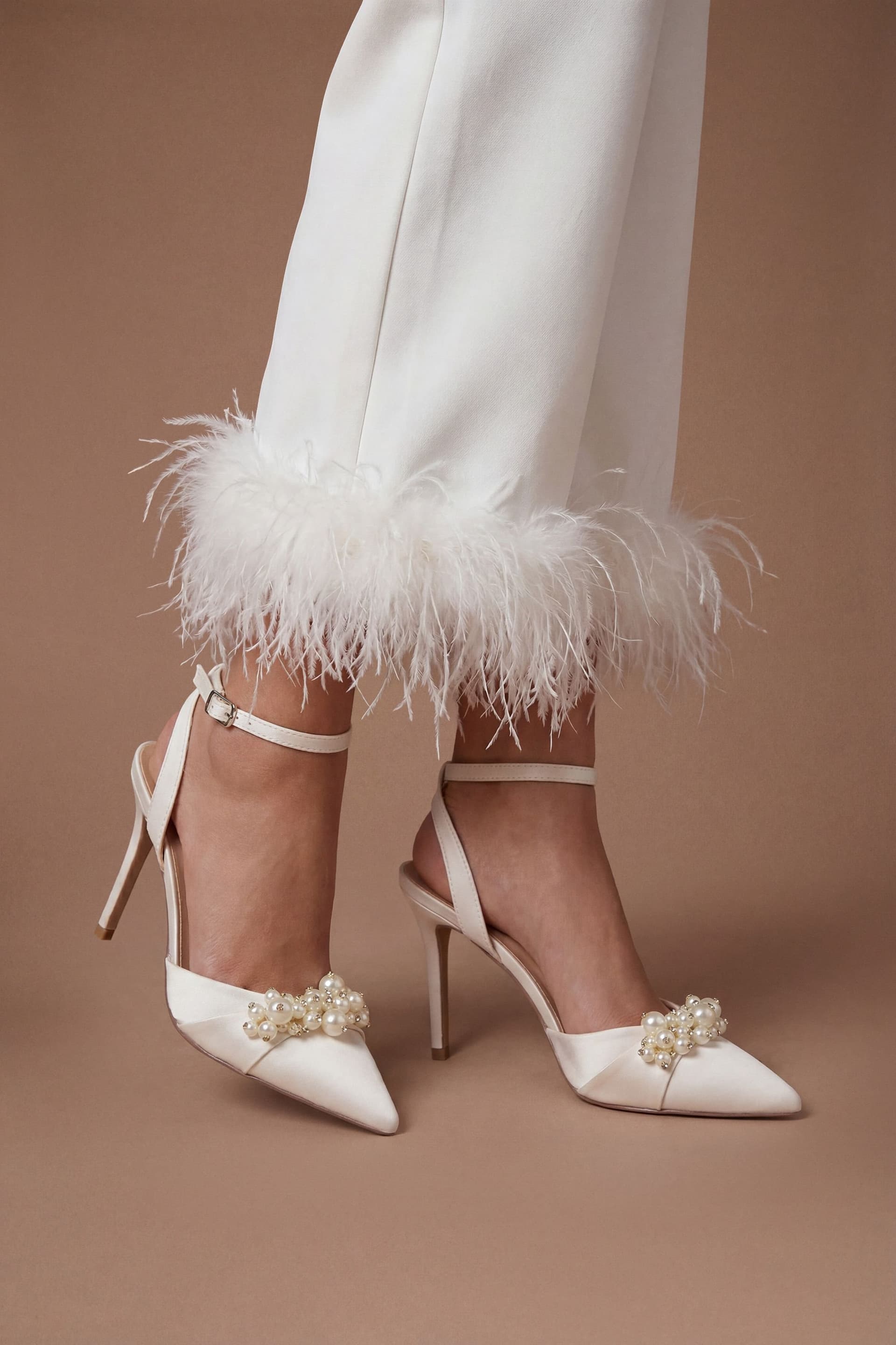 Coast Coast Women's Bridal Hollie Satin Pearl Detail High Stiletto Heeled Slingback Comfort Sock Court Shoes in White