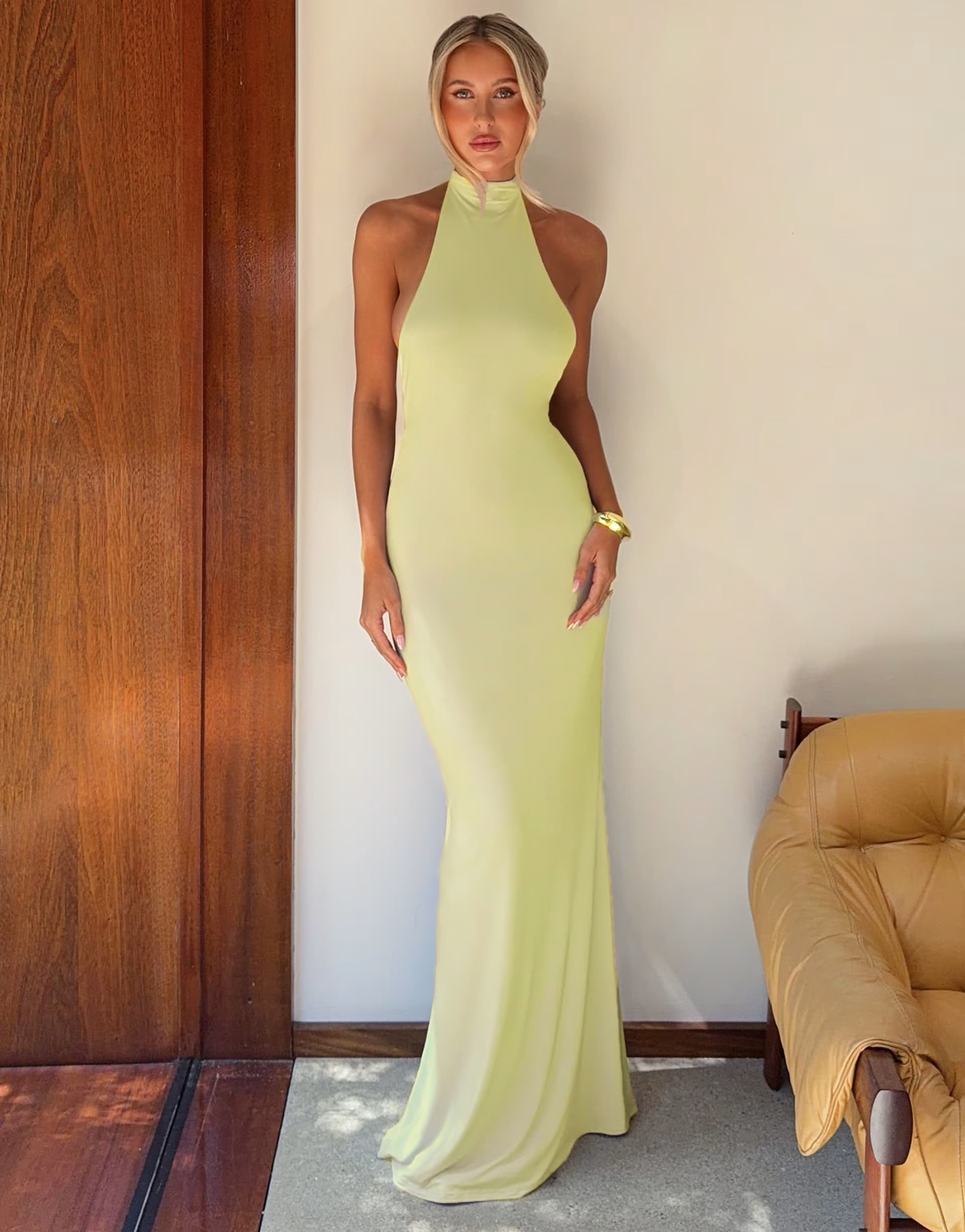 ASOS Tiger Mist x Em Venz Maddy high racer halterneck open back drape detail maxi dress in lemon