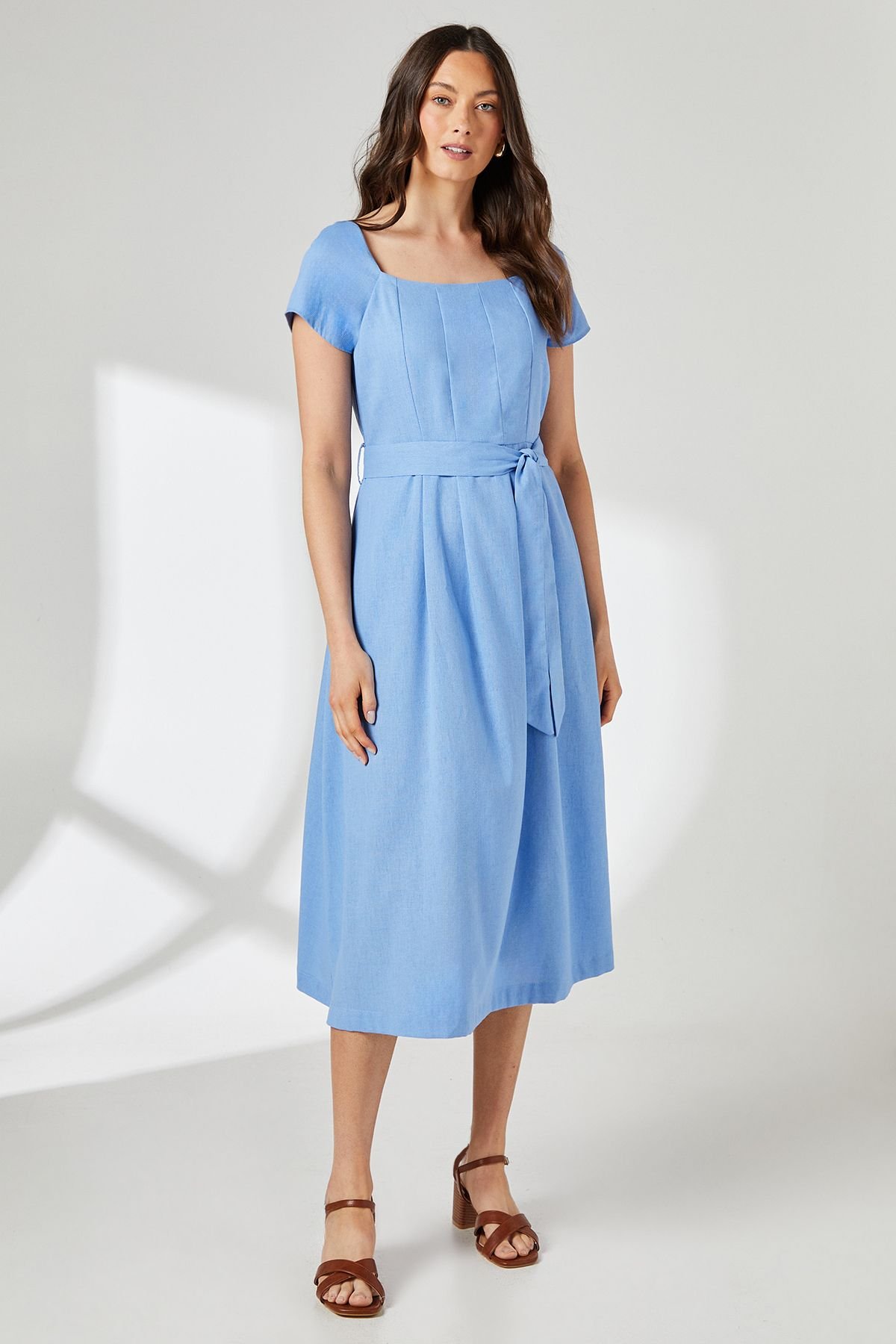 Principles Principles Women's Blue Square Neck Belted Linen Midi Dress - 2