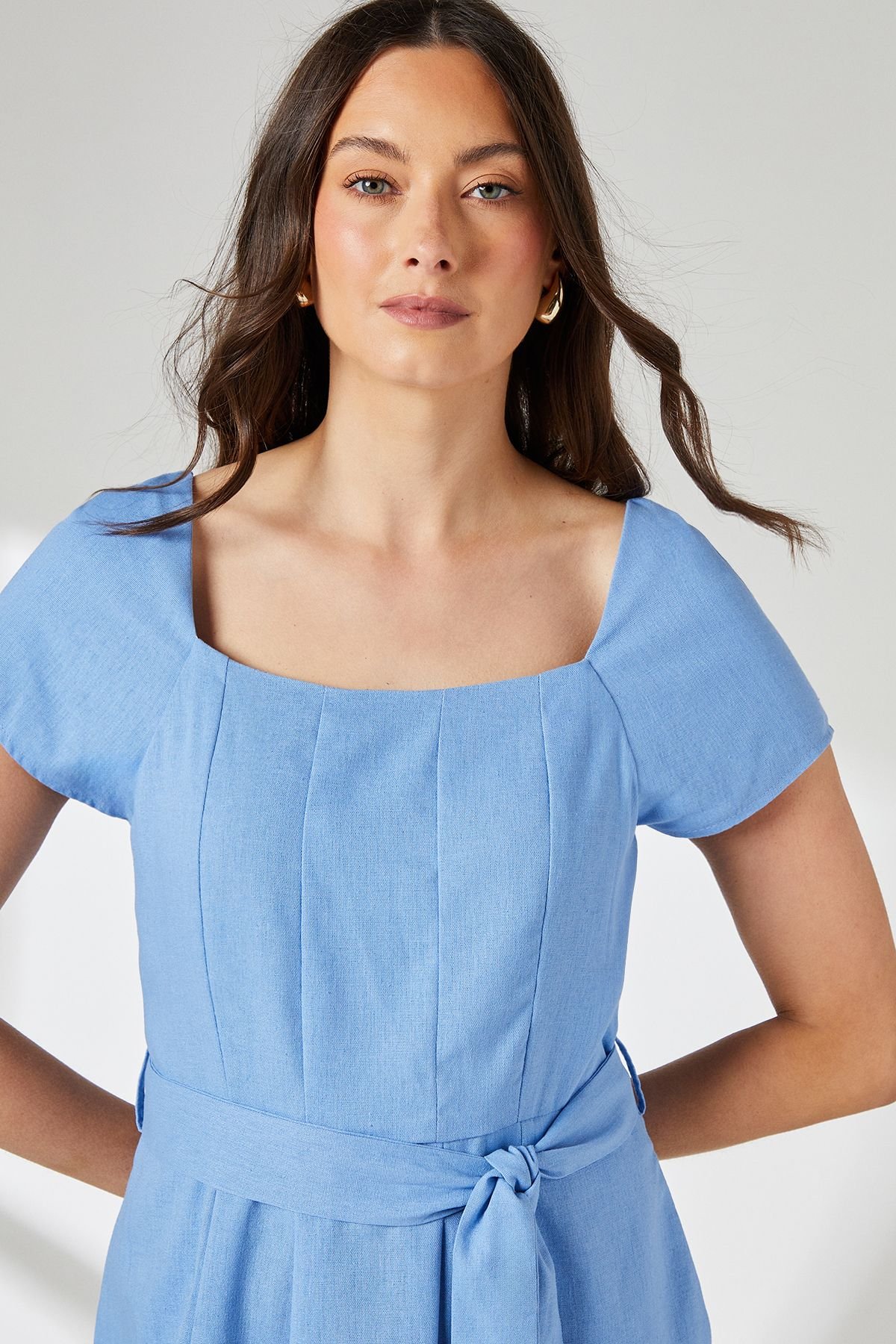 Principles Principles Women's Blue Square Neck Belted Linen Midi Dress - 4