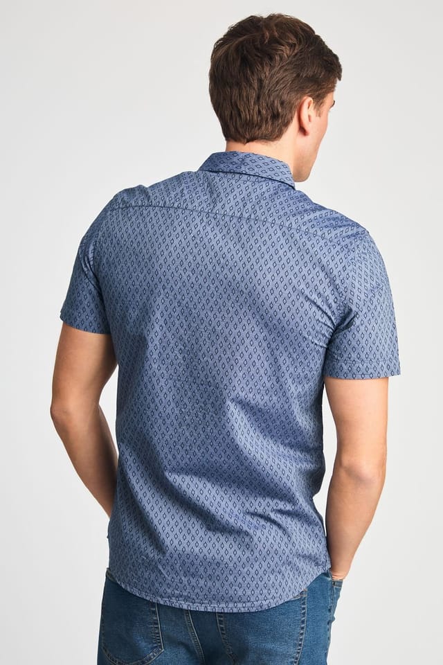Tokyo Laundry Tokyo Laundry Men's Cotton Printed Chambray Short Sleeve Shirt in Mid Blue - 2