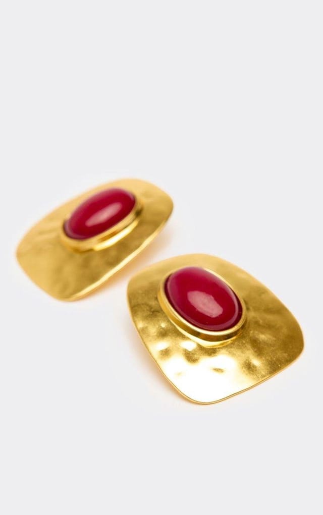 EGO Red Stone Detail Hammered Stud Earring In Gold, Women's Size UK 0 - 2