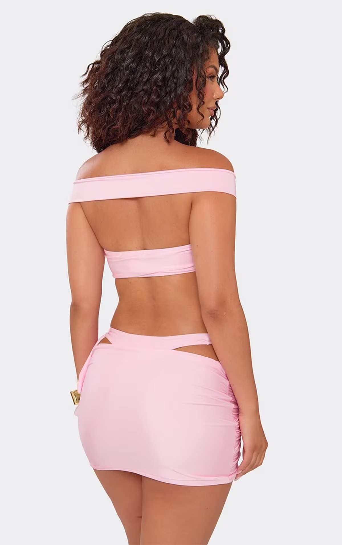 EGO Strappy Bardot Knot Detail Bikini Set And Cover Up Skirt In Baby Pink, Women's Size UK 6