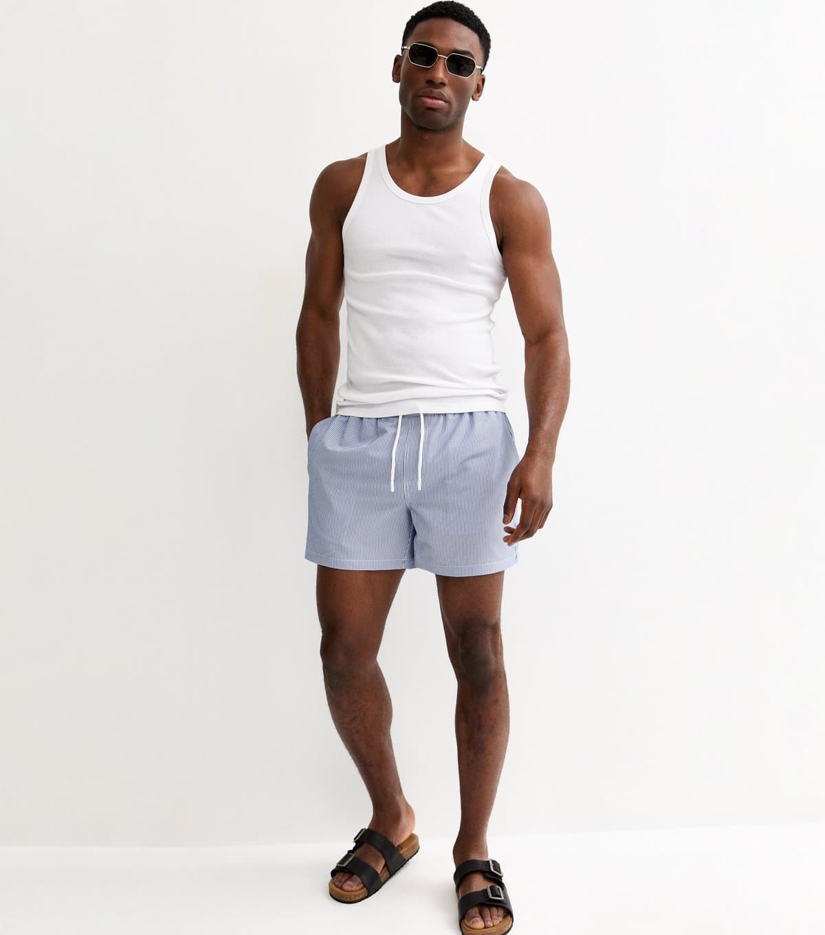 New Look Men's Blue Regular Seersucker Striped Swim Shorts New Look