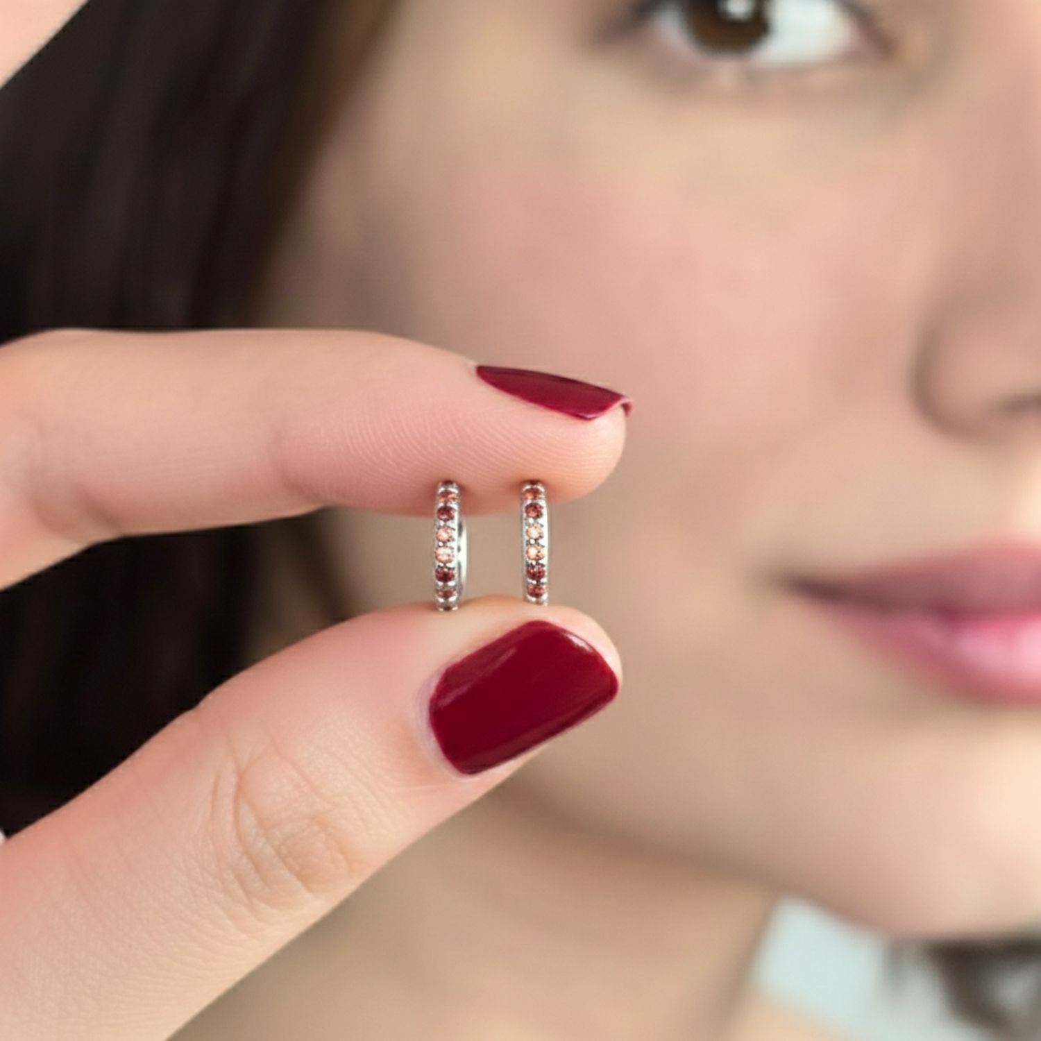 Harfi Harfi Women's Garnet January Birthstone Small Silver Huggie Hoops in Red - 3