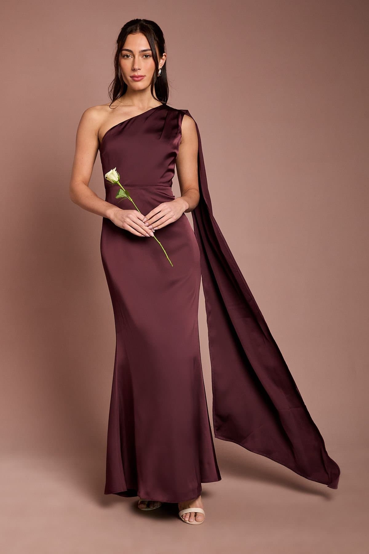 Coast Coast Women's Honoured Petite Drape One Shoulder Satin Maxi Bridesmaid Dress in Espresso