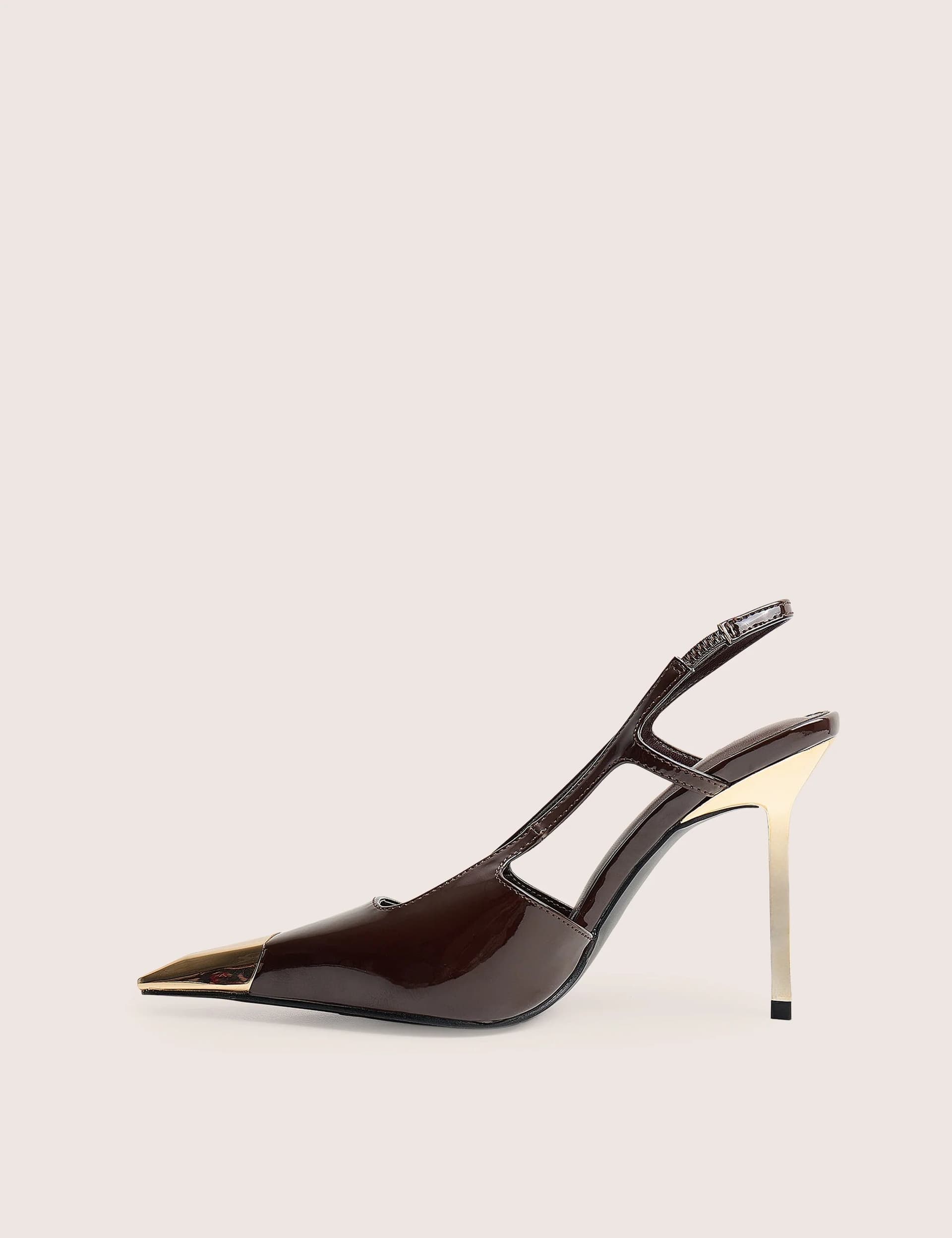 Public Desire Reset Brown Patent Sling Back Toe Cap High Heel