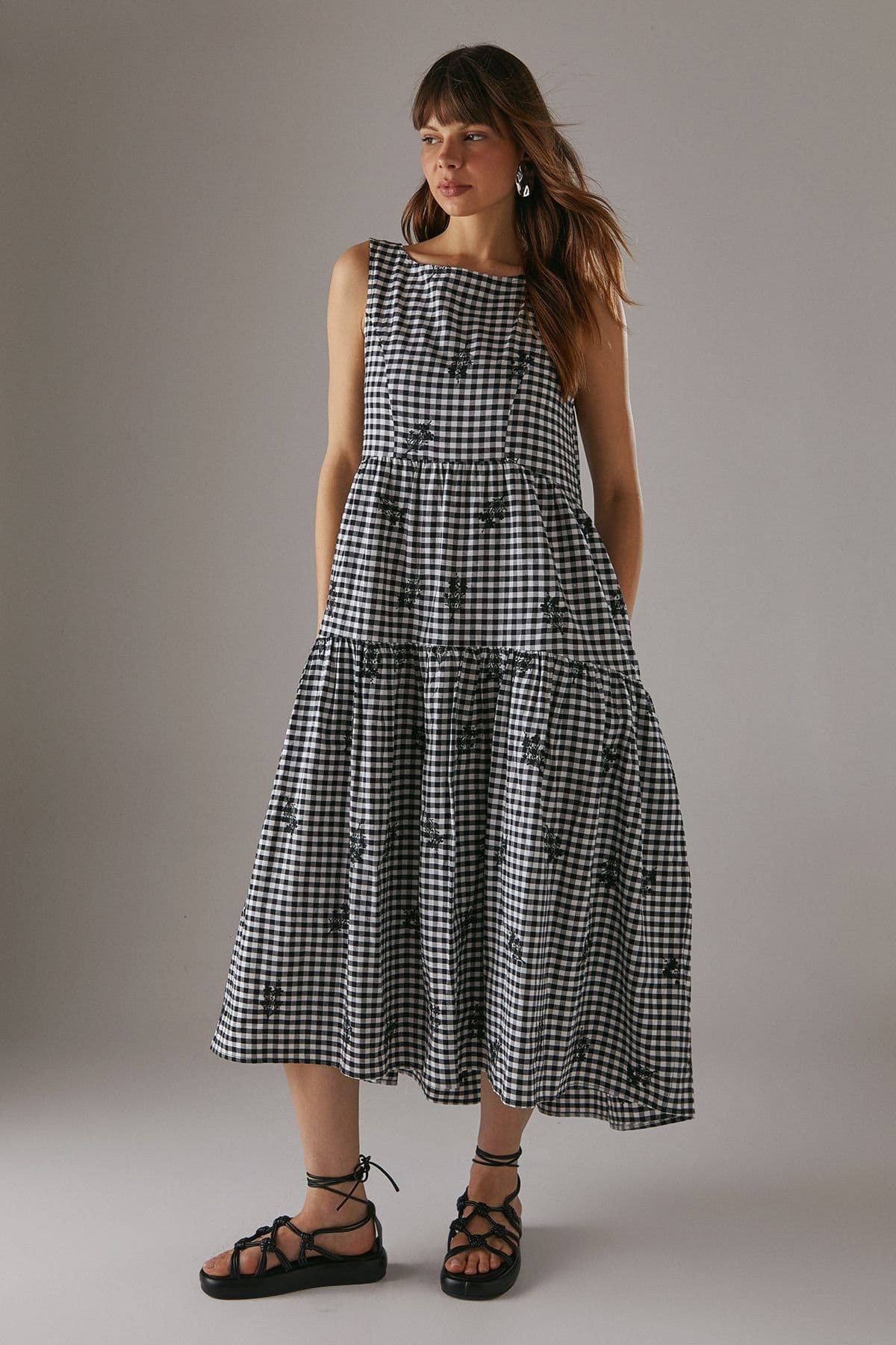 Warehouse Warehouse Women's Embroidered Gingham Sleeveless Midi Sundress in Black - 1