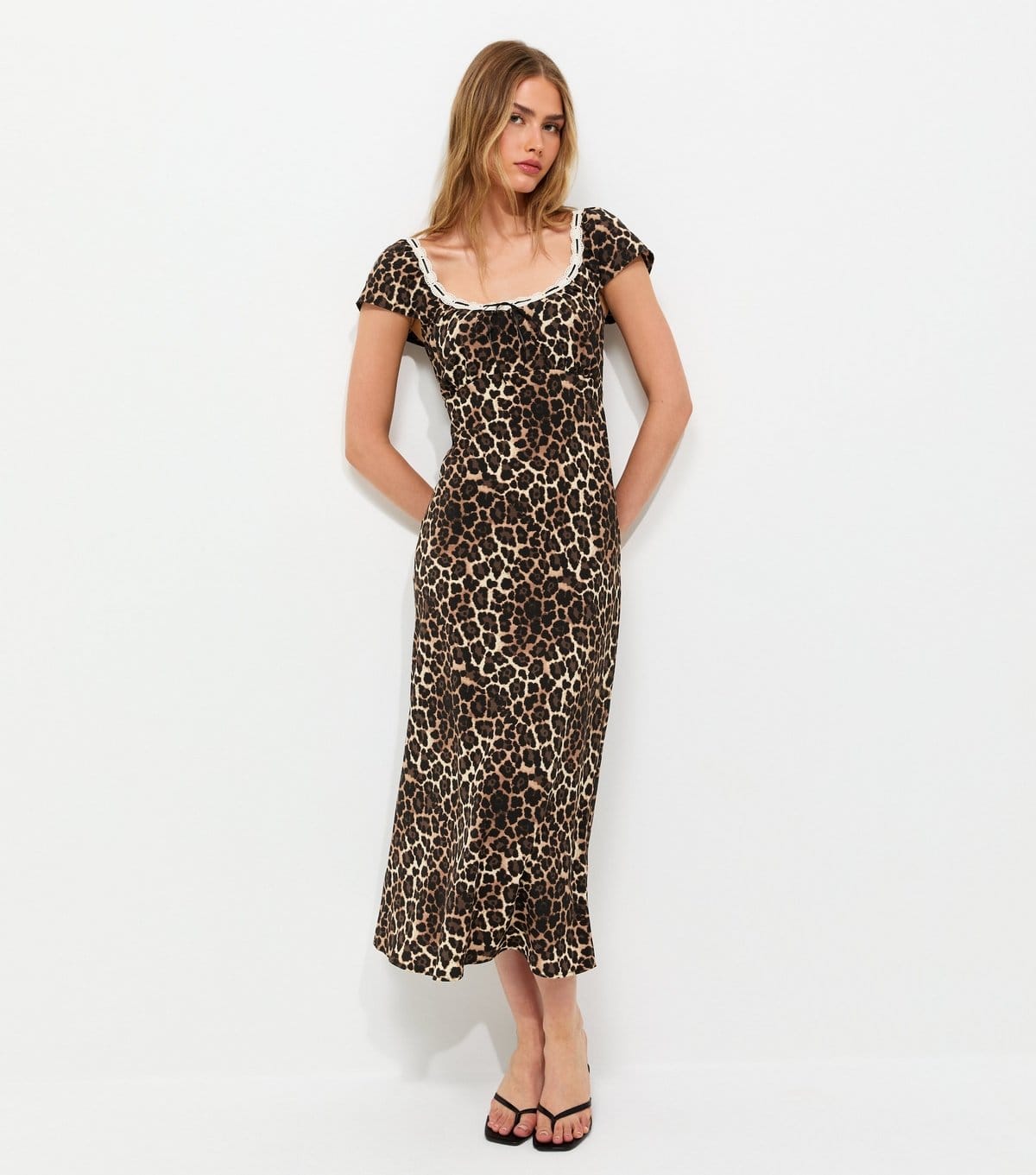 New Look Brown Leopard Print Flutter Sleeve Midi Dress