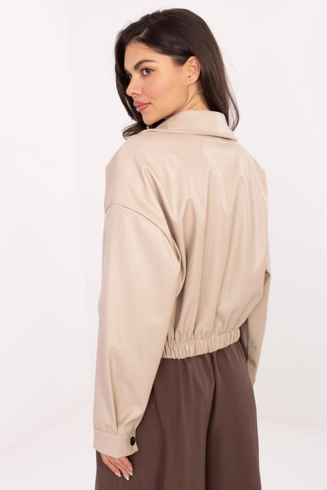 Love Lace Love Lace Women's Short Casual Leather Zip Jacket with Wide Collar in Beige - 3