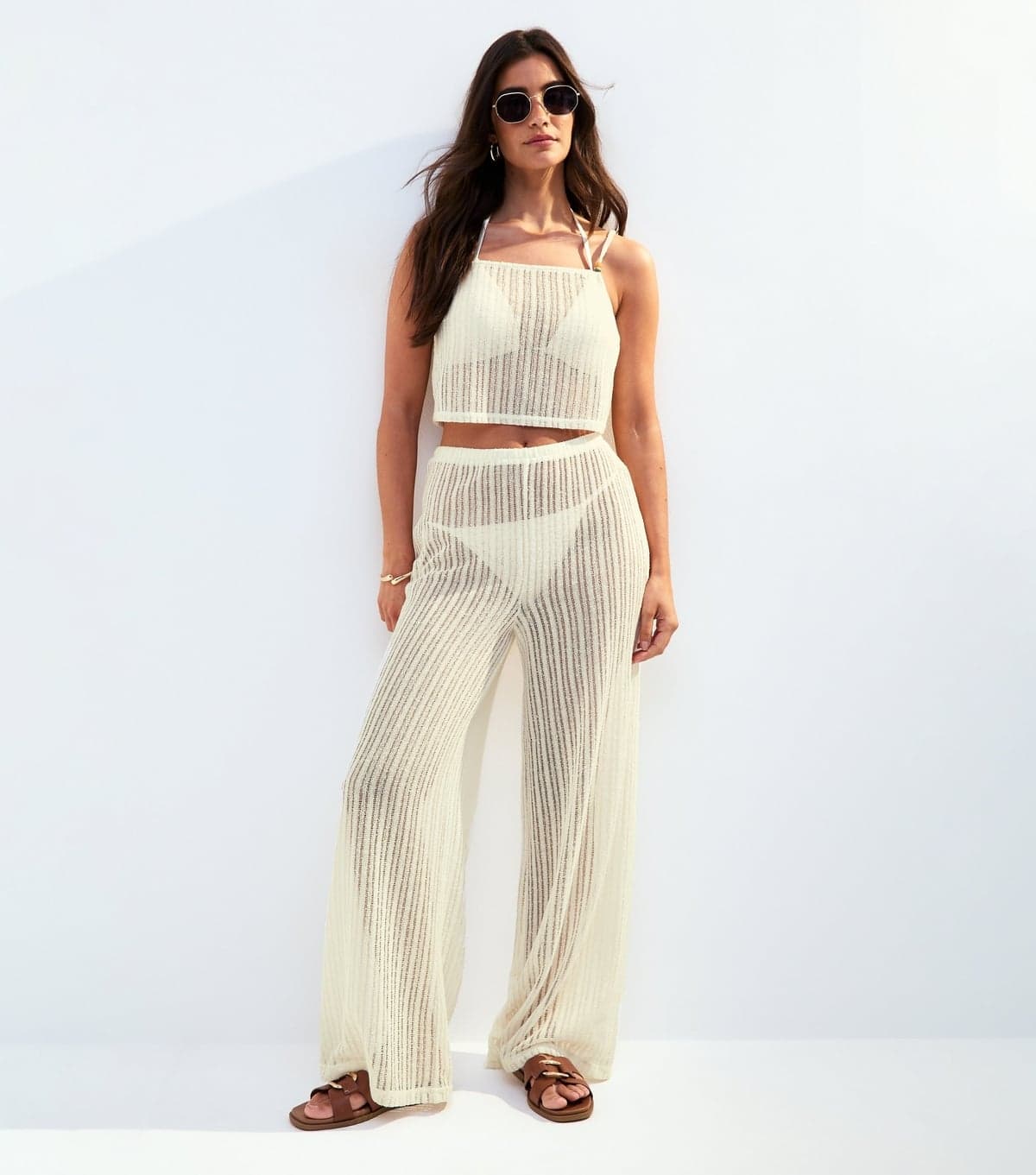 New Look Women's Cream Ladder Stitch Beach Trousers New Look