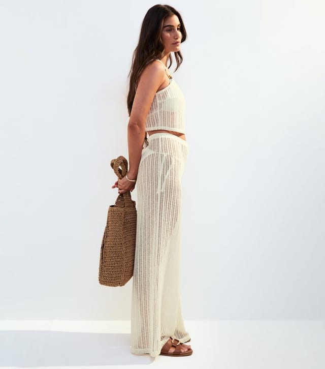 New Look Women's Cream Ladder Stitch Beach Trousers New Look - 3