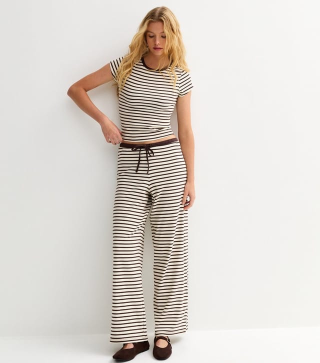 New Look Women's Brown Striped Drawstring Wide Leg Trousers New Look - 2