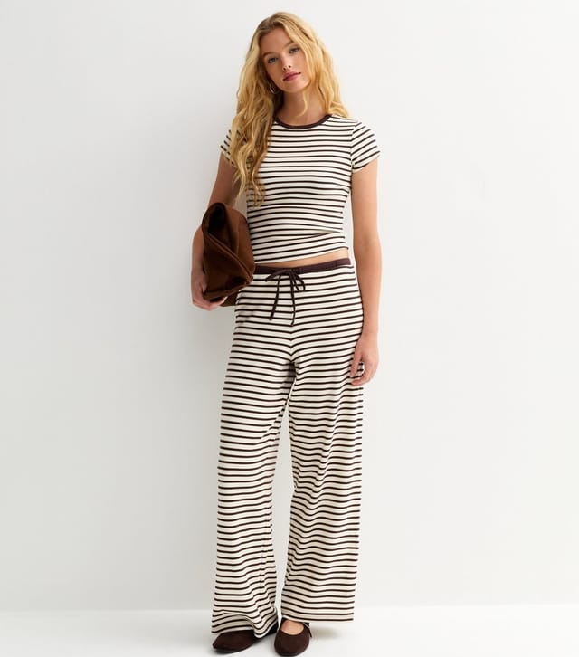 New Look Women's Brown Striped Drawstring Wide Leg Trousers New Look - 3