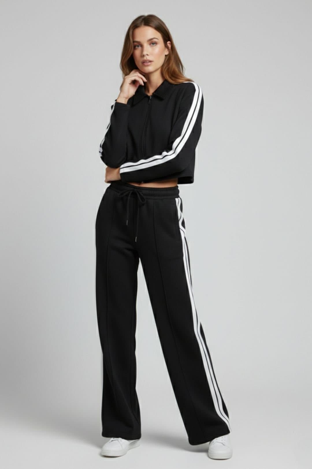 STYLEWISE STYLEWISE Women's Stripe Zip-Up Tracktop & Jogger Set - Striped - Wide Leg - Tracksuit in Black