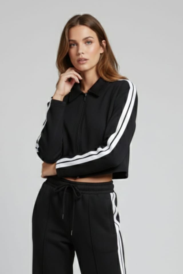 STYLEWISE STYLEWISE Women's Stripe Zip-Up Tracktop & Jogger Set - Striped - Wide Leg - Tracksuit in Black - 2