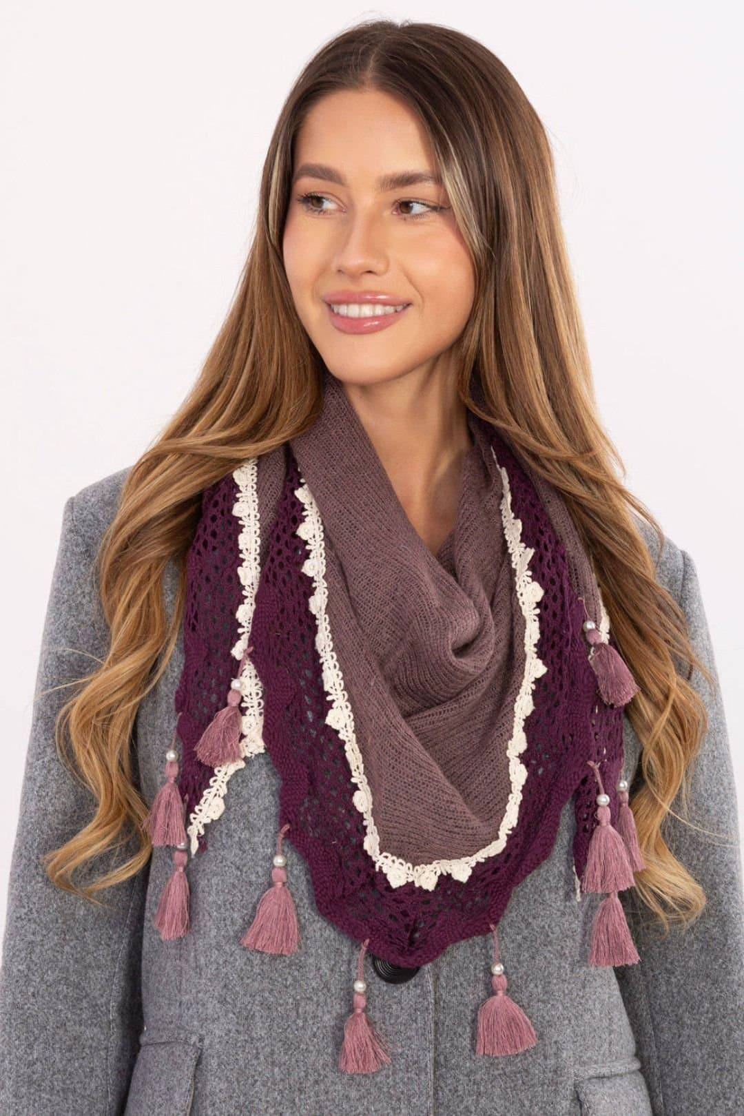 Love Lace Love Lace Women's Elegant Triangular Viscose Scarf with Lace Pearled Fringe Detail in Violet