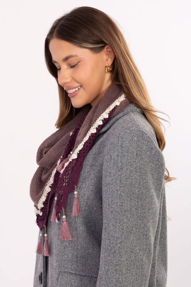 Love Lace Love Lace Women's Elegant Triangular Viscose Scarf with Lace Pearled Fringe Detail in Violet - 2
