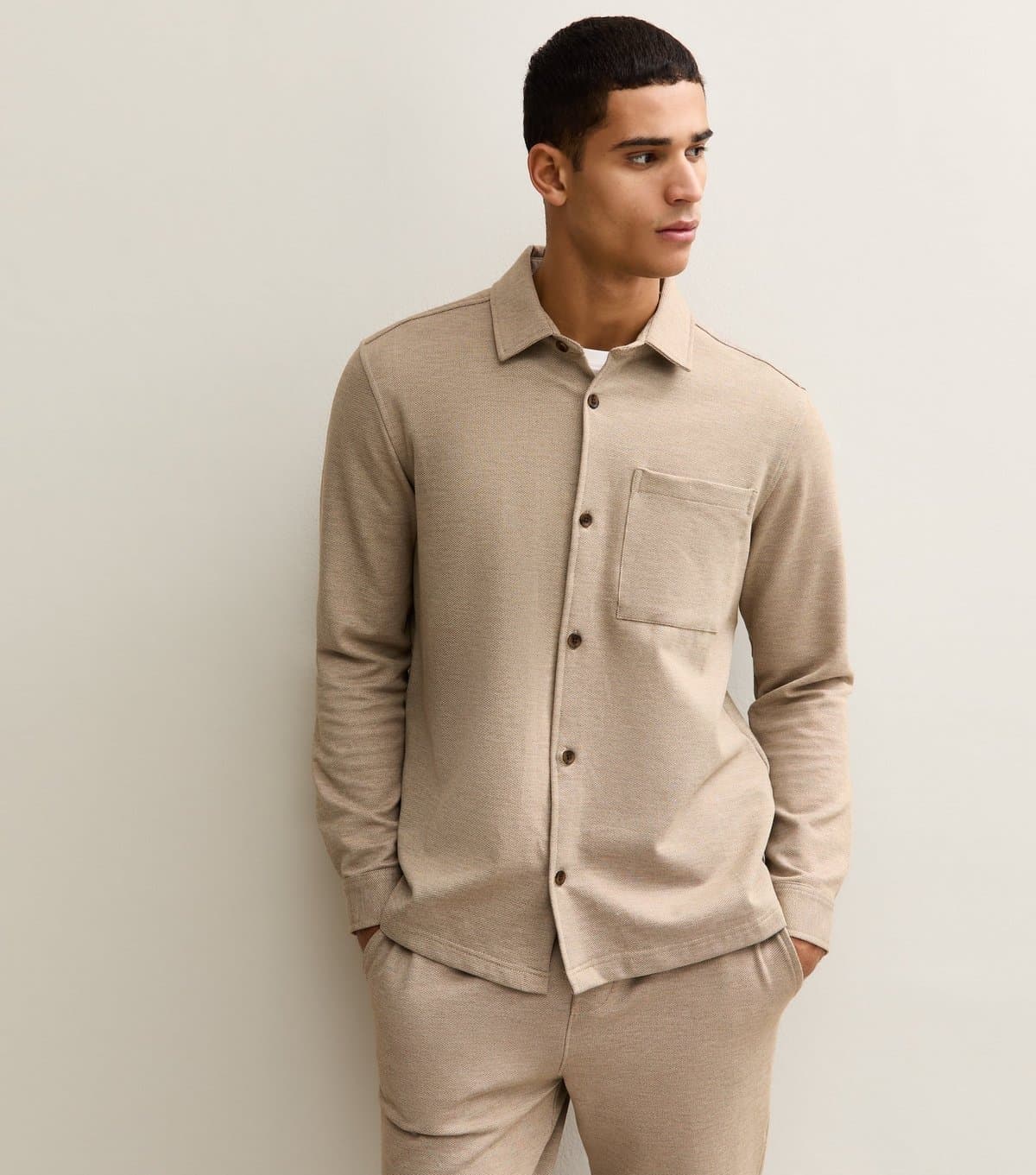 New Look Men's Stone Regular Knit Pique Overshirt New Look