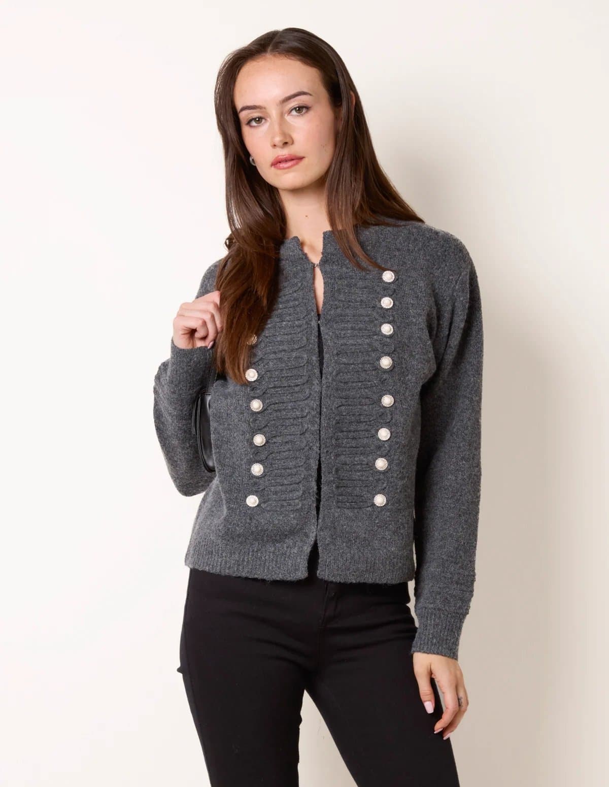 Blue Vanilla Cardigan With Pearl and Diamante Military Button Front Detailing