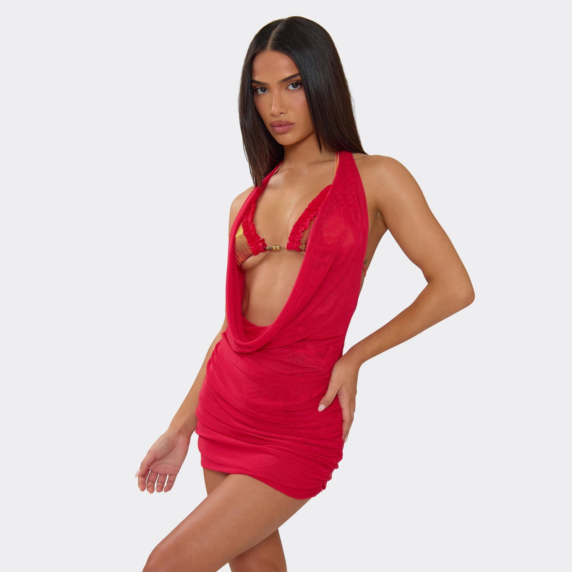 EGO Cowl Halterneck Draped Front Ruched Mini Beach Dress In Red, Women's Size UK 6