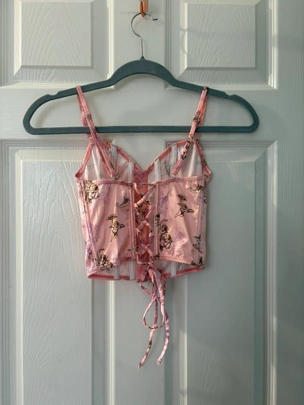 ASOS Asos baby pink cherub print lace up corset top cropped
