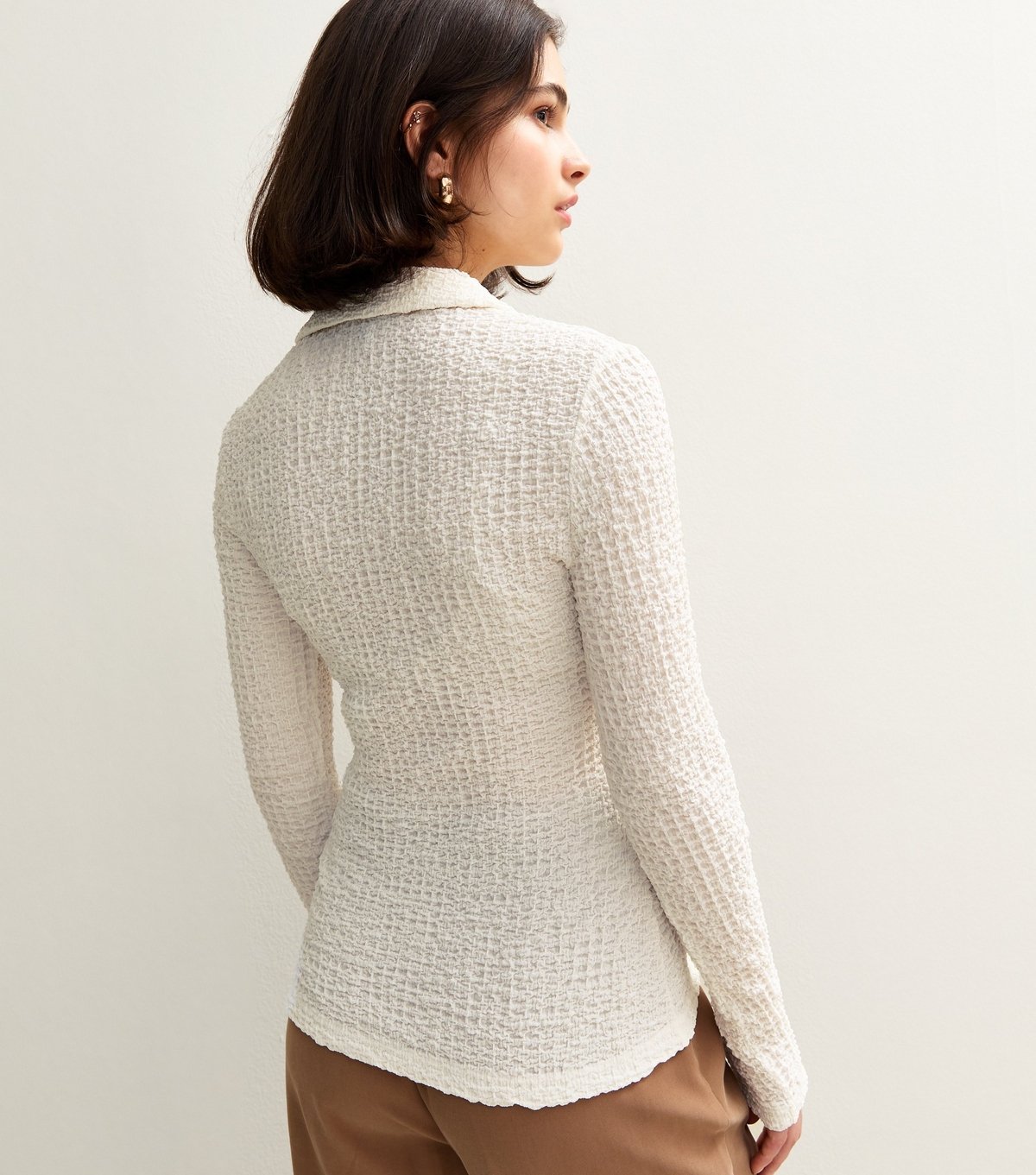 New Look Women's Cream Textured Jersey Collared Long Sleeve Top New Look - 4