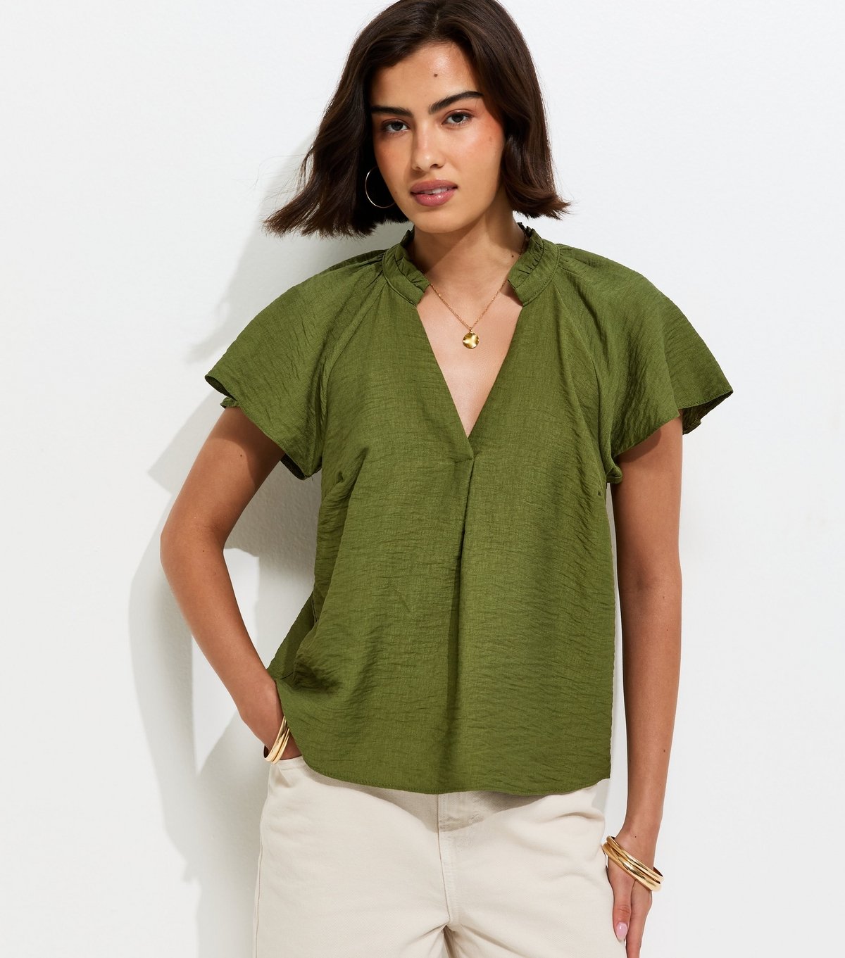 New Look Women's Green Crinkled Flutter Sleeve Blouse New Look - 2