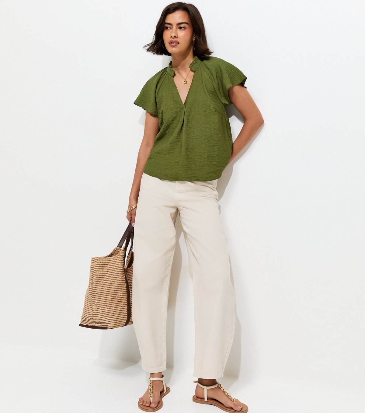 New Look Women's Green Crinkled Flutter Sleeve Blouse New Look - 3