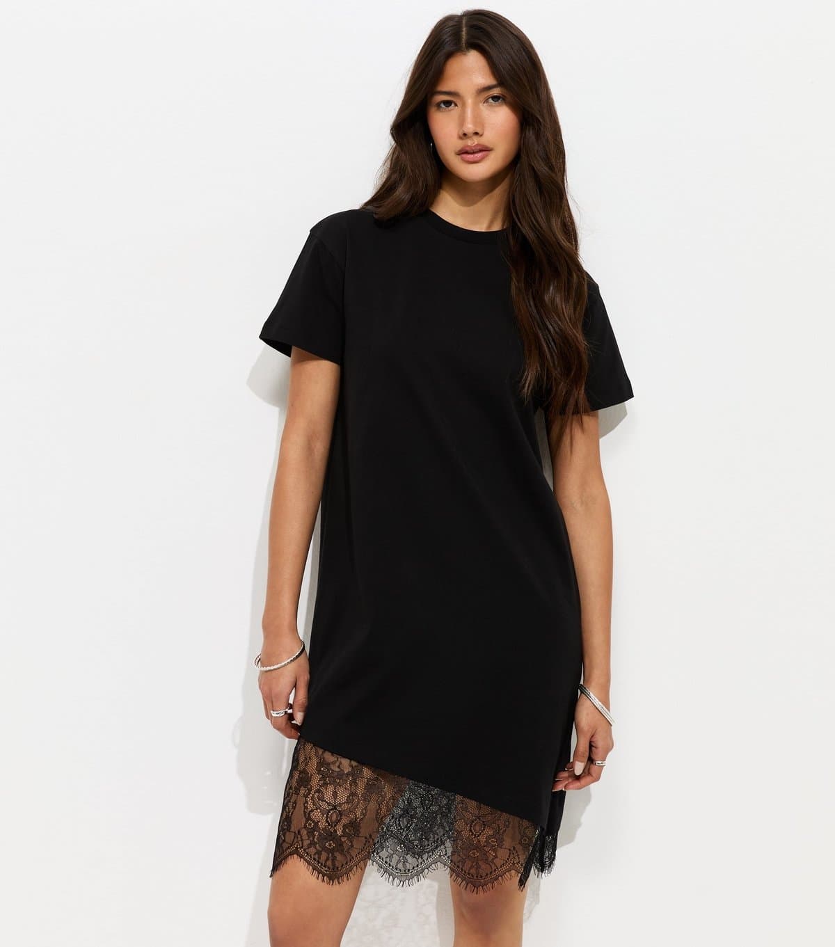 New Look Women's Black Cotton Asymmetric Lace Hem Mini Dress New Look