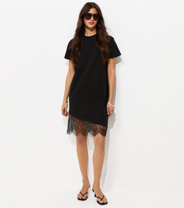 New Look Women's Black Cotton Asymmetric Lace Hem Mini Dress New Look - 3