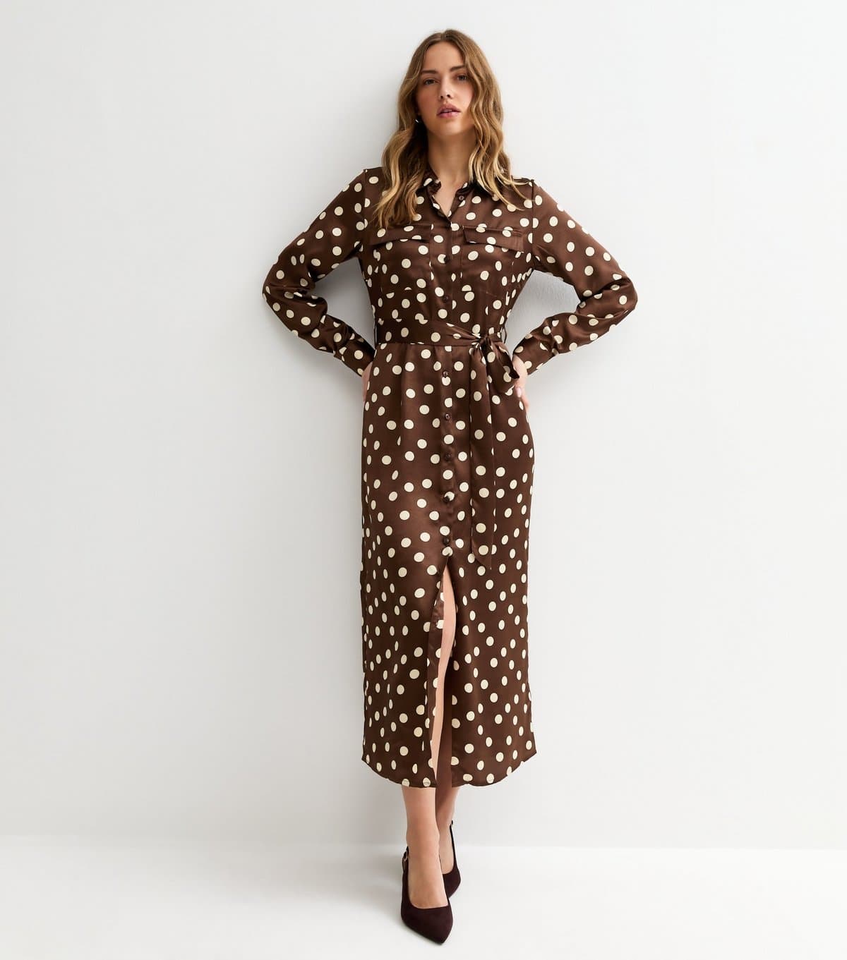 New Look Women's Brown Satin Polka Dot Midi Shirt Dress New Look