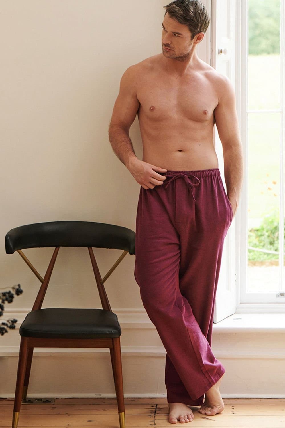 British Boxers British Boxers Men's 'Cahors' Herringbone Brushed Cotton Pyama Trousers in Burgundy