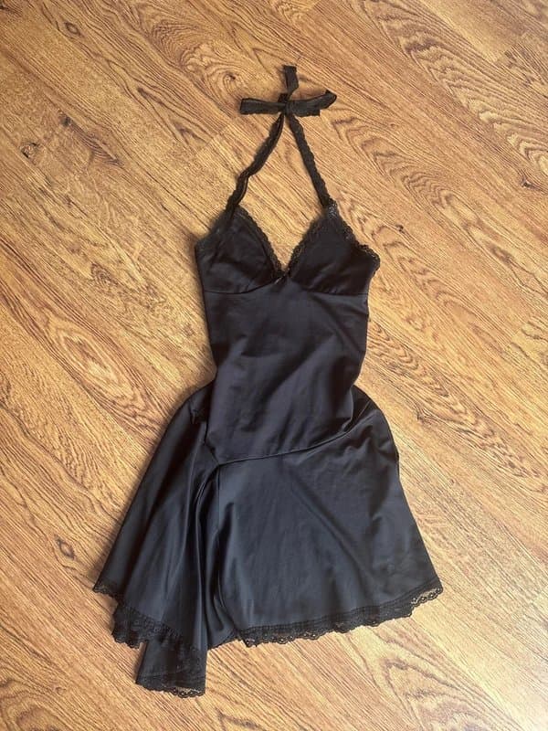 Bershka Bershka black halter neck asymmetric mini dress with lace detail